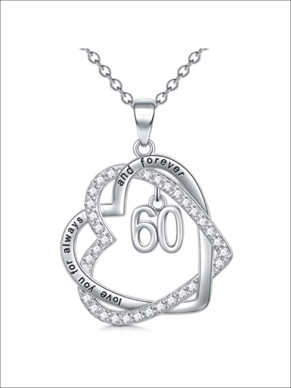 Sterling Silver Double Heart Pendant Necklace 18" 60th Birthday Gift for Women